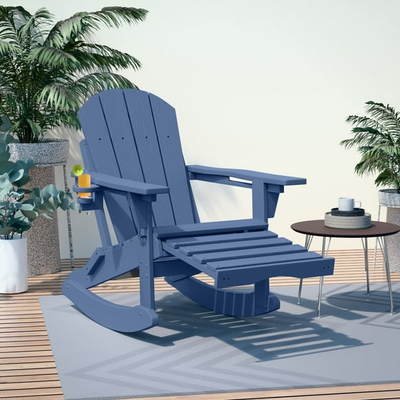 AreShark Folding Adirondack Rocking Chair,4-in-1 Multifunctional Patio Chair with Retractable Ottoman, Outdoor Chair Wood Texture, Lawn Chair for Porch, Backyard, Pool(Grey)