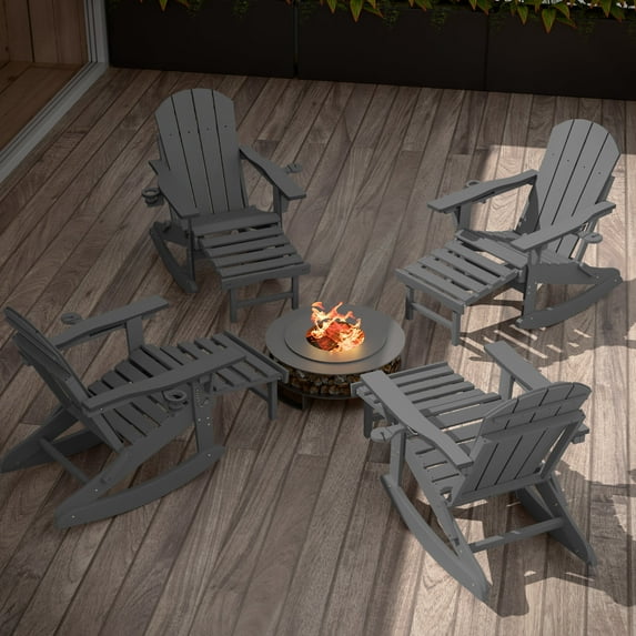 AreShark Folding Adirondack Rocking Chair Set of 4,4-in-1 Multifunctional Patio Chair with Retractable Ottoman, Outdoor Chair Wood Texture, Lawn Chair for Porch, Backyard, Pool(Brown)