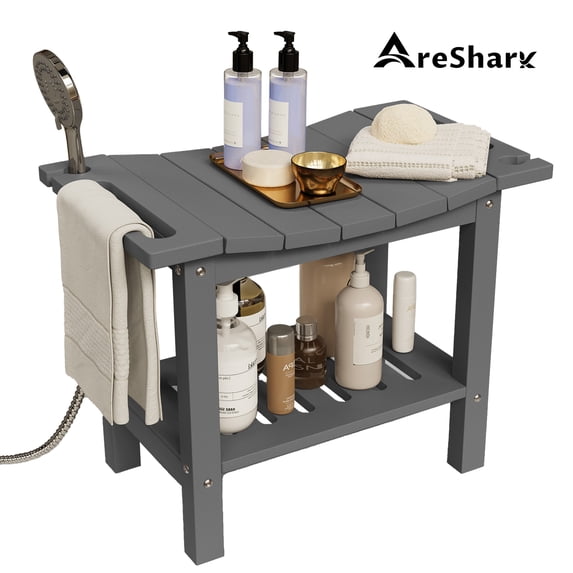 AreShark HDPE Shower Bench Stool for Inside Shower, Waterproof & Non-Slip Shower Seat with Storage Shelf, Perfect for Shaving Legs & Spa Bathrooms, Indoor/Outdoor Use (Gray)