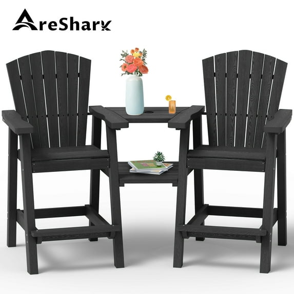 AreShark Tall Adirondack Chair Set of 2 with Removable Double Connecting Trays, Recycled HDPE with Wood Grain, Weather Resistant, Outdoor Adirondack Barstools, Gray