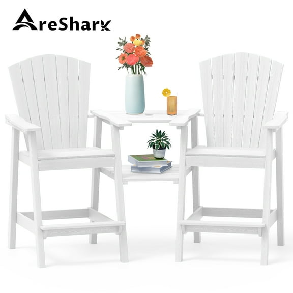 AreShark Tall Adirondack Chair Set of 2 with Removable Double Connecting Trays, Recycled HDPE with Wood Grain, Weather Resistant, Outdoor Adirondack Barstools, White