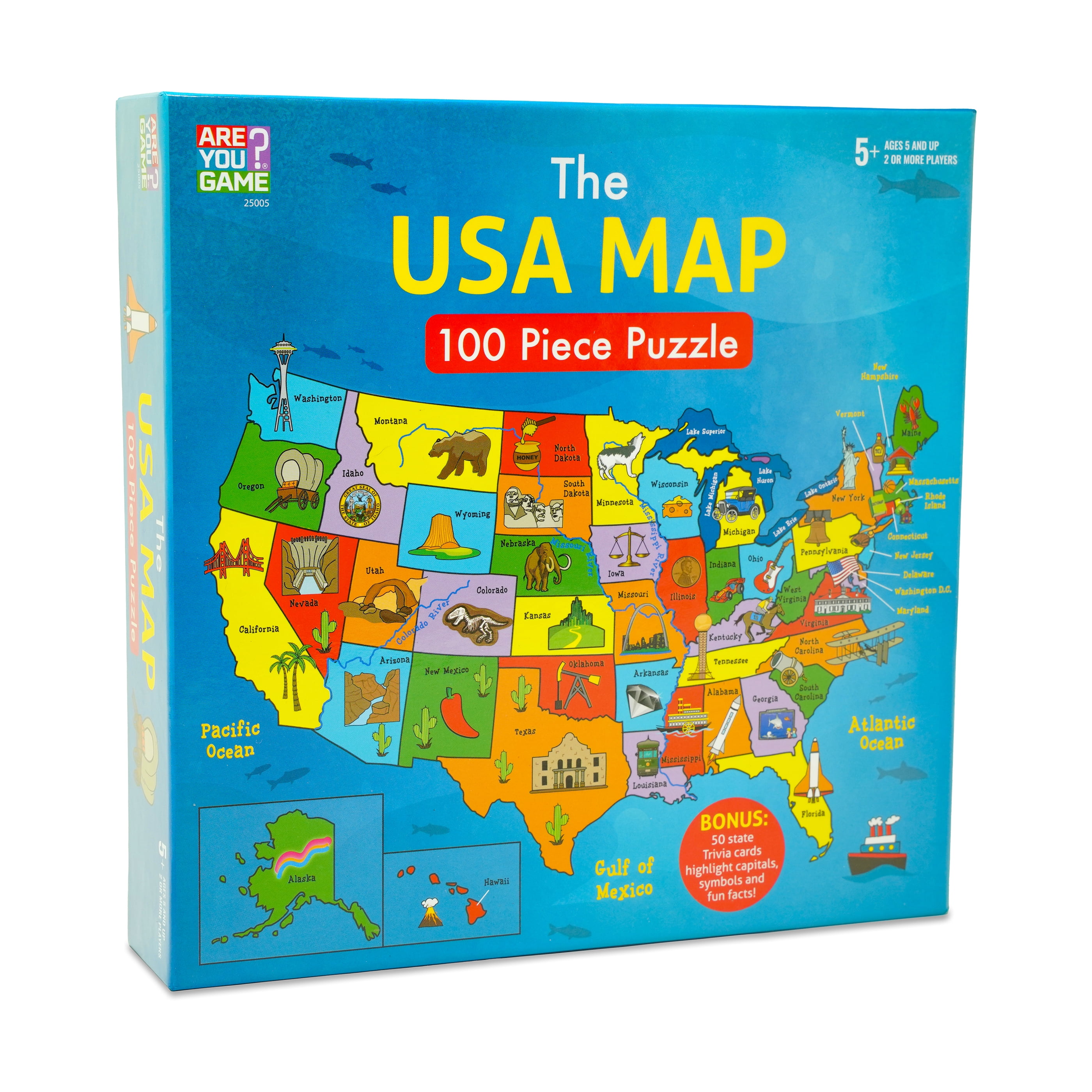 Colorful USA Map 100-Piece Puzzle with Trivia Cards
