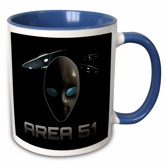 3drose, Area 51 with Alien Head and Three Flying Saucers., 15oz Two-tone Blue Mug