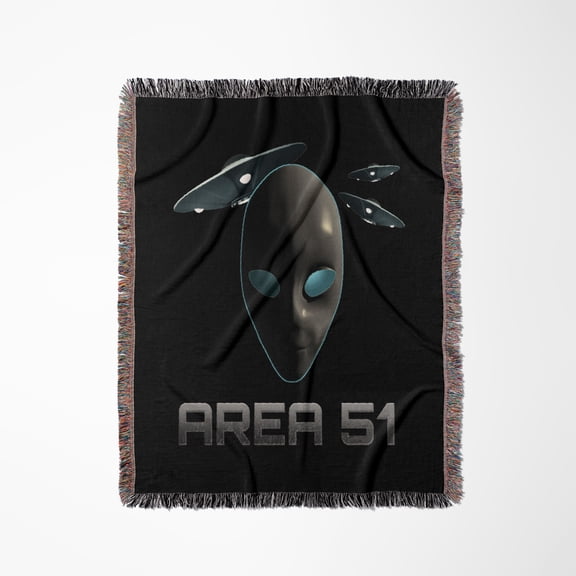Area 51 With Alien Head And Three Flying Saucers., Woven Blanket