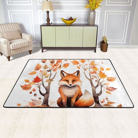 Area Floor Mats Autumn Fox under Tree Large Nursery Rugs Non-Slip Living Room Carpets Bedroom Doormat for Dinning Decor 36" x 24"