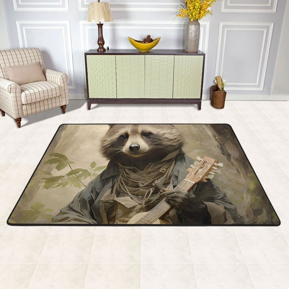 Area Floor Mats Bear with Guitar Large Nursery Rugs Non-Slip Living Room Carpets Bedroom Doormat for Dinning Decor 36" x 24"