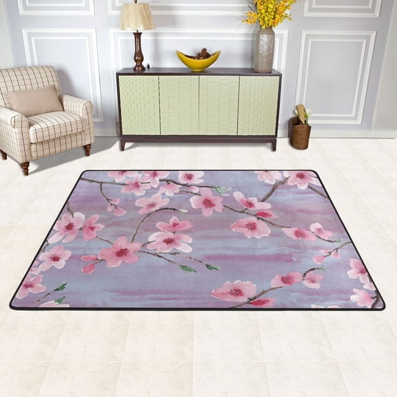 Area Floor Mats Cherry Flowers Blossom Large Nursery Rugs Non-Slip Living Room Carpets Bedroom Doormat for Dinning Decor 36" x 24"