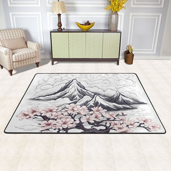 Area Floor Mats Cherry Flowers and Mountains Large Nursery Rugs Non-Slip Living Room Carpets Bedroom Doormat for Dinning Decor 36" x 24"