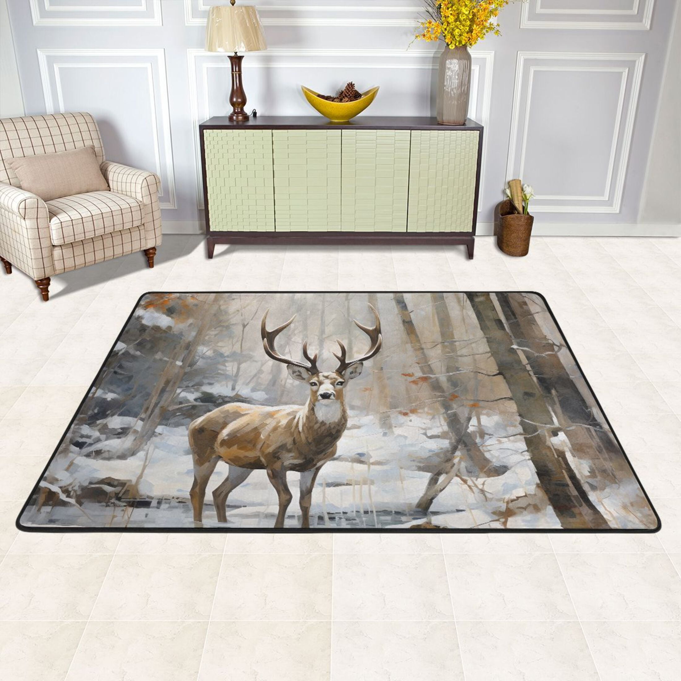 Area Floor Mats Forest with Deer Large Nursery Rugs Non-Slip