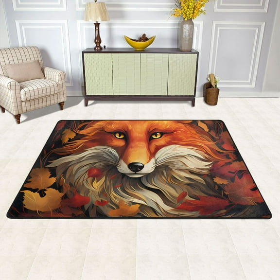 Area Floor Mats Fox with Autumn Leaves Large Nursery Rugs Non-Slip Living Room Carpets Bedroom Doormat for Dinning Decor 36" x 24"