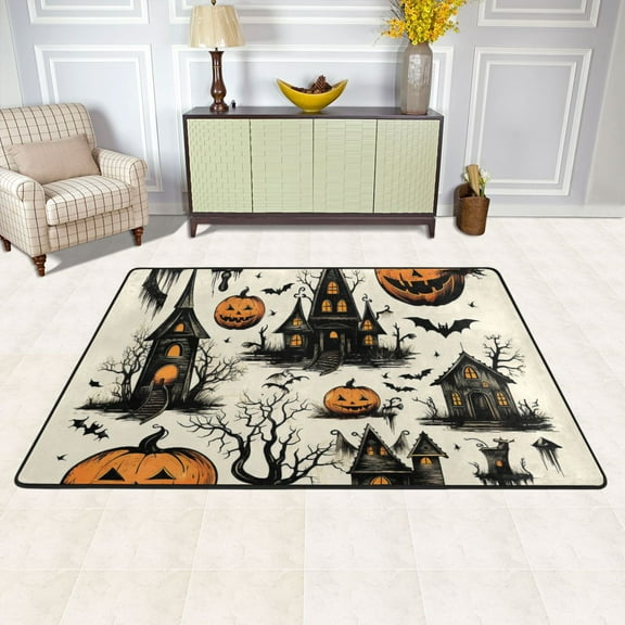 Area Floor Mats Halloween Bats and Pumpkins Large Nursery Rugs Non-Slip Living Room Carpets Bedroom Doormat for Dinning Decor 36" x 24"
