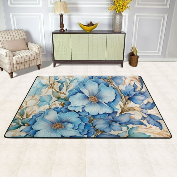 Area Floor Mats Lily Flowers Blue Large Nursery Rugs Non-Slip Living Room Carpets Bedroom Doormat for Dinning Decor 36" x 24"