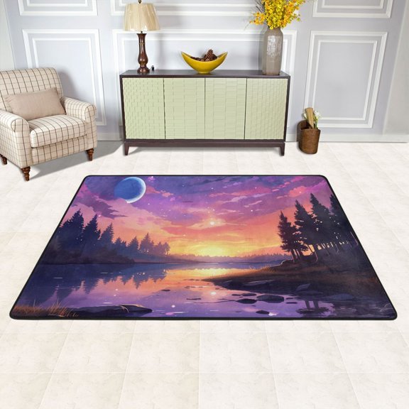 Area Floor Mats Sea with Trees in Sunset Large Nursery Rugs Non-Slip Living Room Carpets Bedroom Doormat for Dinning Decor 36" x 24"