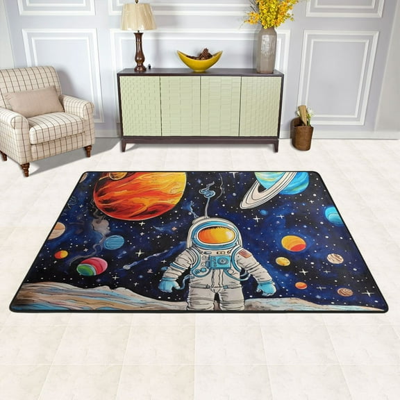 Area Floor Mats Space Universe Astronaut Large Nursery Rugs Non-Slip Living Room Carpets Bedroom Doormat for Dinning Decor 36" x 24"