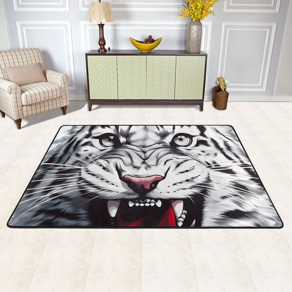 Area Floor Mats Tiger Black and White Large Nursery Rugs Non-Slip Living Room Carpets Bedroom Doormat for Dinning Decor 36" x 24"