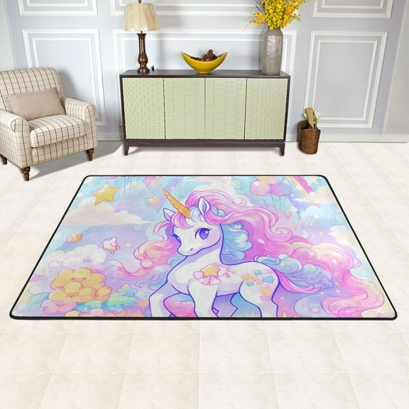Area Floor Mats Unicorn with Rainbow Large Nursery Rugs Non-Slip Living Room Carpets Bedroom Doormat for Dinning Decor 36" x 24"