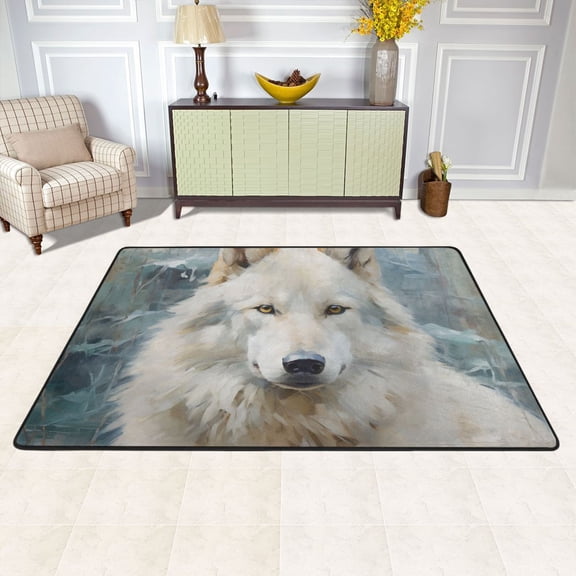 Area Floor Mats White Wolf on Forest Large Nursery Rugs Non-Slip Living Room Carpets Bedroom Doormat for Dinning Decor 36" x 24"
