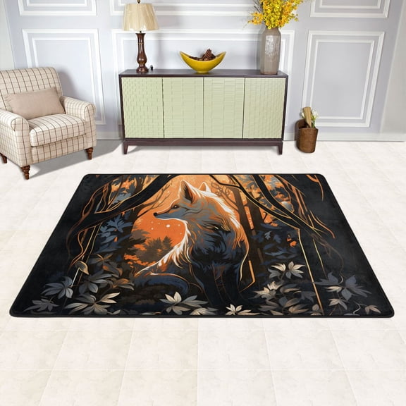 Area Floor Mats Wolf on Forest Flowers Large Nursery Rugs Non-Slip Living Room Carpets Bedroom Doormat for Dinning Decor 36" x 24"