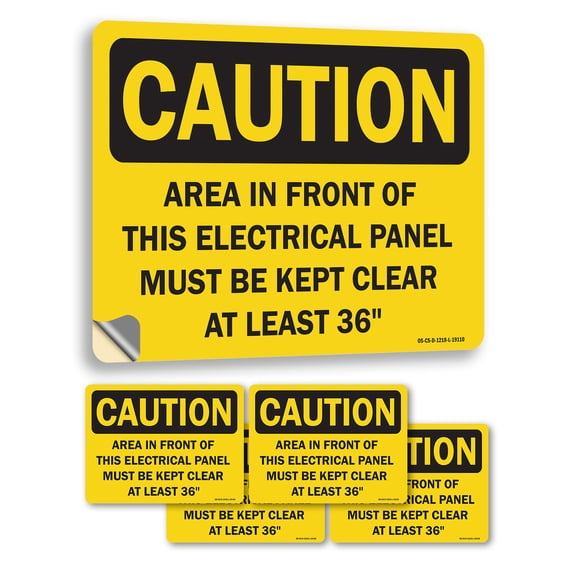 Area In Front Of This Electrical Panel Must Be Kept Clear For At Least OSHA Caution Vinyl Decal Label 5 Inch x 3.5 Inch - 5 Pack