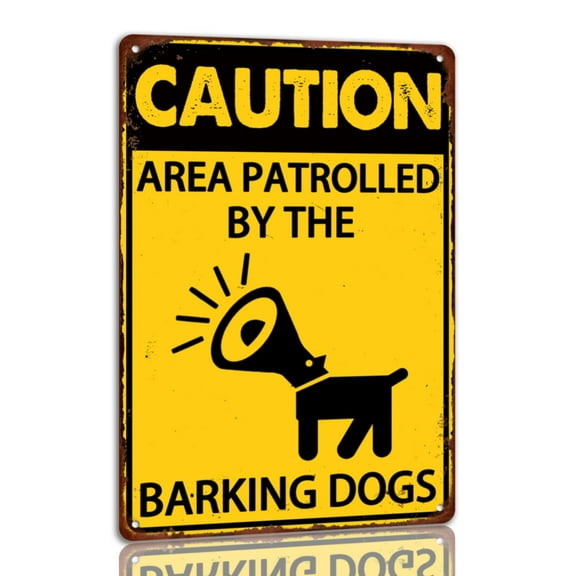 Area Patrolled By The Barking Dogs Metal Sign Funny Warning Tin Signs Dog Wall Decor Signs For Home Yard Size: 8 x 12 inch