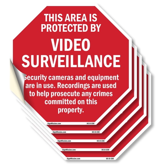 This Area Is Protected by Video Surveillance Security Cameras and Equipment Are in Use. Recordings Are Used to Help Prosecute Any Crimes (5 Pack) 6 inch X 6 inch Octagon Vinyl Label