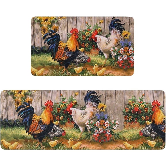 Area Rooster Hen Kitchen Rugs Sets of 2 Large Floor Sunflower Mats Non Slip Carpet Retro Fuzzy Washable Pads 47x17 + 24x17 in