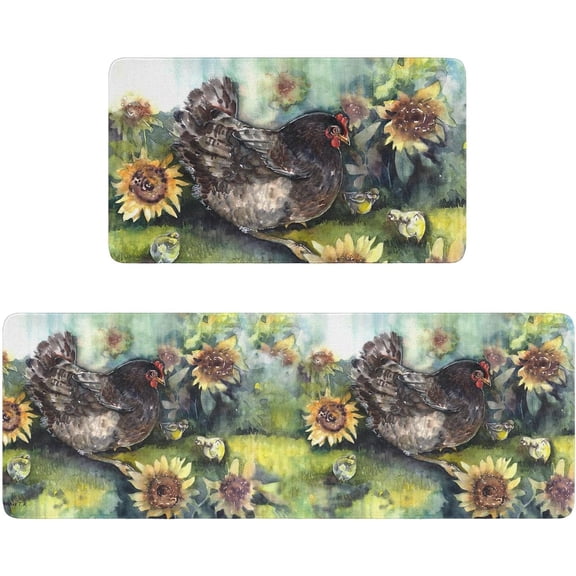 Area Rooster Hen Kitchen Rugs Sets of 2 Large Floor Sunflower Mats Non Slip Carpet Retro Fuzzy Washable Pads 47x17 + 24x17 in