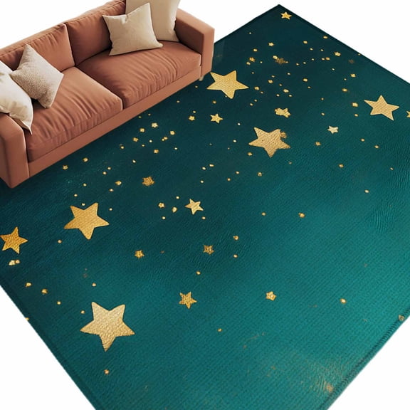 Area Rug 108144in, Dream Yellow Star on Teal Blue Floor Carpet Living Room Rug, Night Starry Sky Non-Slip Welcome Mat Indoor Rugs for Bedroom Dining Room