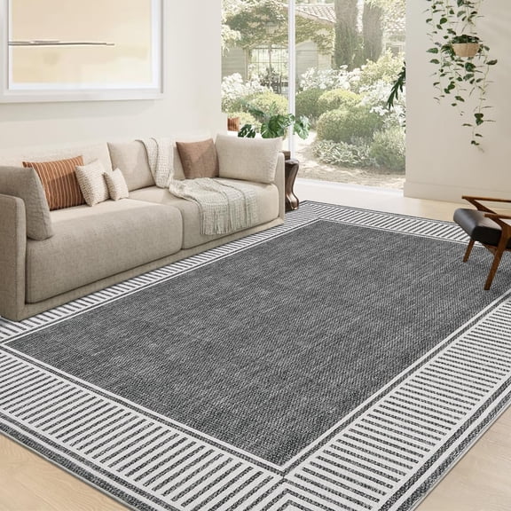 Area Rug 10x13 Modern Bordered Large Living Room Area Rug Washable Bedroom Throw Carpet with Rubber Backing Low Pile Stain Resistant Contemporary Rug for Dining Room Home Office, Grey