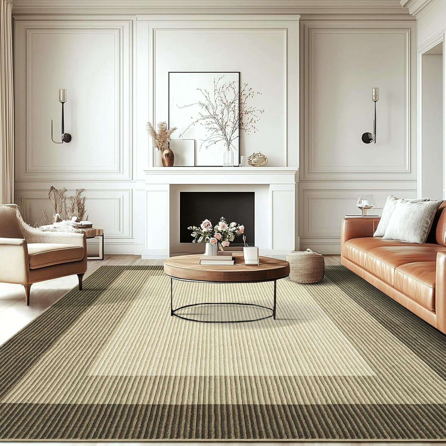 Area Rug 10x13 Modern Neutral Solid Large Machine Washable Rug for Living Room, Non-Slip Non Shedding Bordered Soft Carpet, Low Pile Foldable Printed Rug for Bedroom, Dining Room, Brown