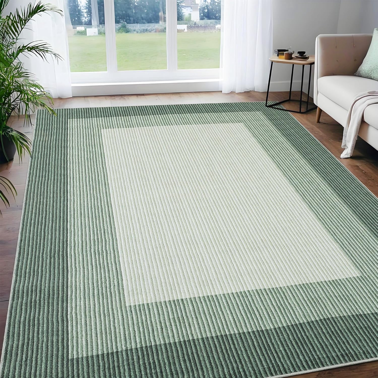 Area Rug 10x13 Modern Neutral Solid Large Machine Washable Rug for Living Room, Non-Slip Non Shedding Bordered Soft Carpet, Low Pile Foldable Printed Rug for Bedroom, Dining Room, Green