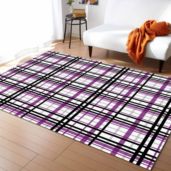 Area Rug 2'7''x5' Abstract Stripes Purple Black Grey Plaid Washable Area Rugs Non Shedding Floor Carpet Rubber Backing Non-Slip Indoor Mats for Living Room Bedroom Kitchen