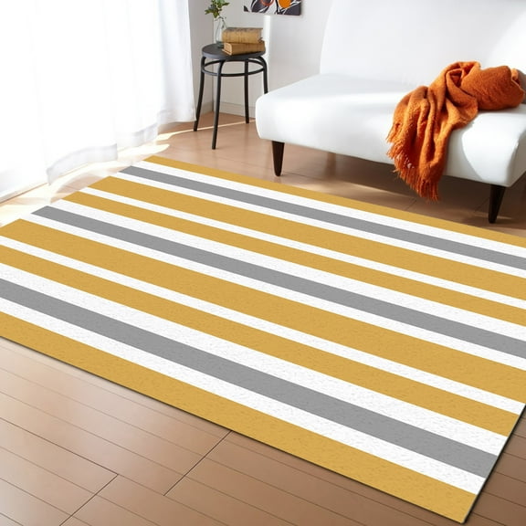Area Rug 2'7''x5' Dark Yellow Gray White Stripe Washable Area Rugs Non Shedding Floor Carpet Rubber Backing Non-Slip Indoor Mats for Living Room Bedroom Kitchen