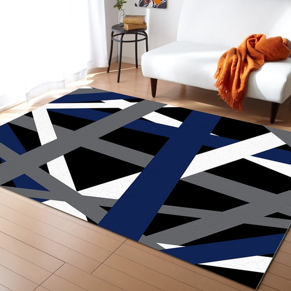 Area Rug 2'7''x5' Geometric Abstract Blue White and Grey Lines Washable Area Rugs Non Shedding Floor Carpet Rubber Backing Non-Slip Indoor Mats for Living Room Bedroom Kitchen