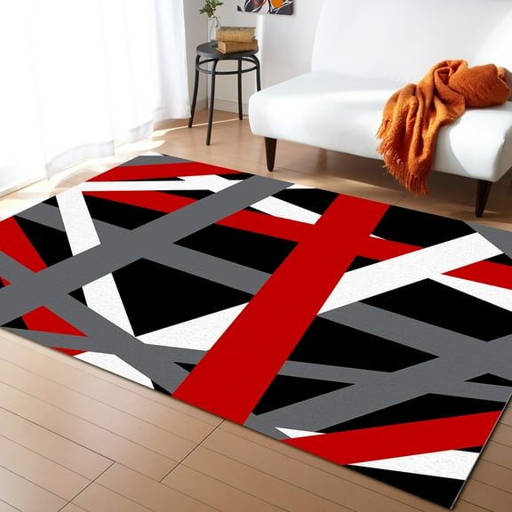 Area Rug 2'7''x5' Geometric Abstract Red White and Grey Lines Washable Area Rugs Non Shedding Floor Carpet Rubber Backing Non-Slip Indoor Mats for Living Room Bedroom Kitchen