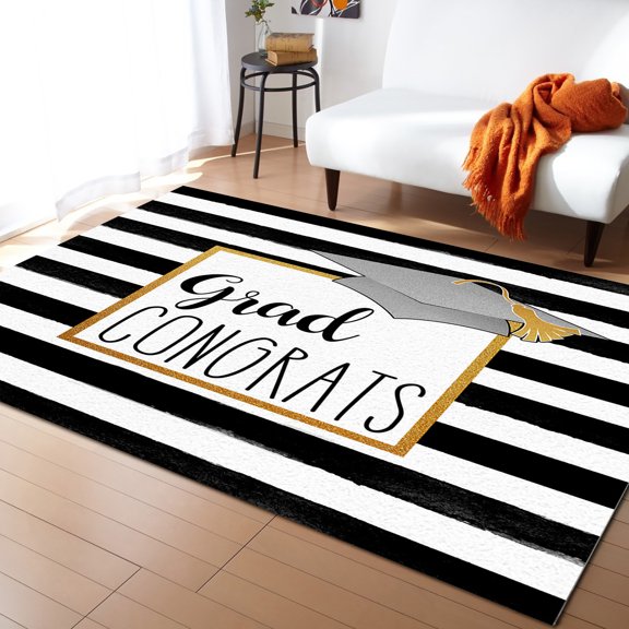 Area Rug 2'7''x5' Graduation Season Bachelor Cap Black White Stripes Washable Area Rugs Non Shedding Floor Carpet Rubber Backing Non-Slip Indoor Mats for Living Room Bedroom Kitchen