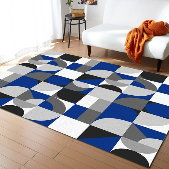 Area Rug 2'7''x5' Mid Century Navy Blue Grey Abstract Retro Geometric Modern Washable Area Rugs Non Shedding Floor Carpet Rubber Backing Non-Slip Indoor Mats for Living Room Bedroom Kitchen