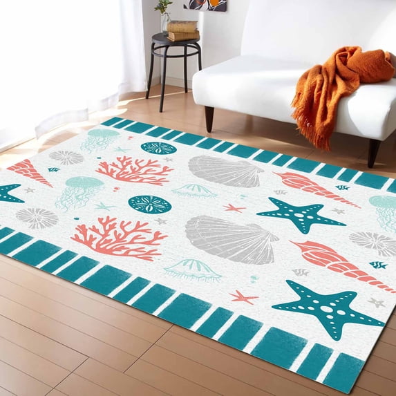 Area Rug 2'7''x5' Turquoise and Red Starfish Seashell Jellyfish Coral Washable Area Rugs Non Shedding Floor Carpet Rubber Backing Non-Slip Indoor Mats for Living Room Bedroom Kitchen