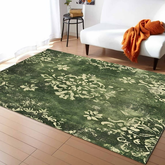 Area Rug 2'7''x5' Vintage Floral Ethnic Oriental Mottled Texture Green Light Yellow Washable Area Rugs Non Shedding Floor Carpet Rubber Backing Non-Slip Indoor Mats for Living Room Bedroom Kitchen