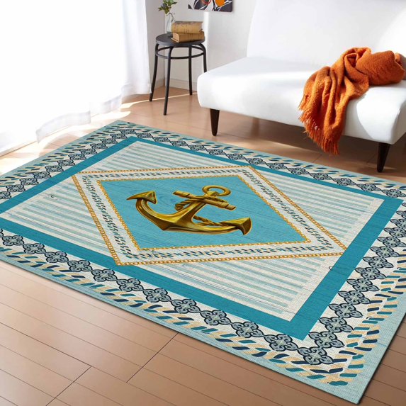 Area Rug 2'7''x5' Vintage Ocean Golden Anchor Blue Stripes Washable Area Rugs Non Shedding Floor Carpet Rubber Backing Non-Slip Indoor Mats for Living Room Bedroom Kitchen
