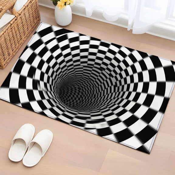 Area Rug 2 x 3 Ft, 3D Optical Illusion Indoor Accent Bathroom Rugs for Kitchen/Laundry Room, Black White Checkered Plaid Visual Trap Washable Non-Slip Runner Floor Mat for Entryway, Living Room