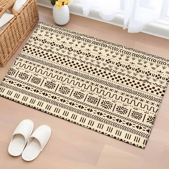Area Rug 2 x 3 Ft, Abstract Boho Indoor Accent Bathroom Rugs for Kitchen/Laundry Room, Modern African Ethnic Geometric Beige Washable Non-Slip Runner Floor Mat for Entryway, Living Room
