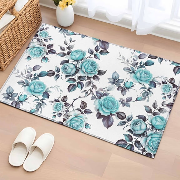 Area Rug 2 x 3 Ft, Aqua Rose Indoor Accent Bathroom Rugs for Kitchen/Laundry Room, Rustic Romantic Botanical Floral Vines Art Washable Non-Slip Runner Floor Mat for Entryway, Living Room