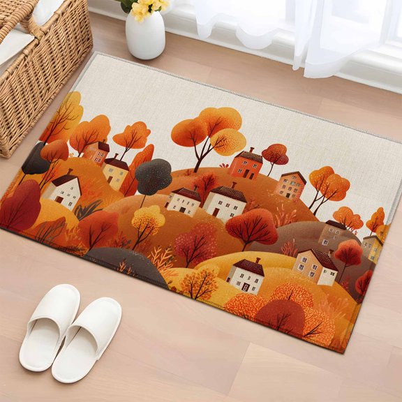 Area Rug 2 x 3 Ft, Autumn Hill Fall Indoor Accent Bathroom Rugs for Kitchen/Laundry Room, Thanksgiving Orange Trees Retro Country House Washable Non-Slip Runner Floor Mat for Entryway, Living Room