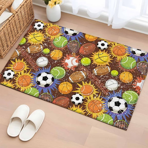 Area Rug 2 x 3 Ft, Ball Games Indoor Accent Bathroom Rugs for Kitchen/Laundry Room, Colored Football Baseball Basketball Rugby Washable Non-Slip Runner Floor Mat for Entryway, Living Room