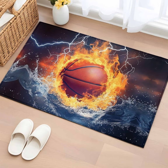 Area Rug 2 x 3 Ft, Basketball Indoor Accent Bathroom Rugs for Kitchen/Laundry Room, Blue Red Splashing Water Fire Washable Non-Slip Runner Floor Mat for Entryway, Living Room