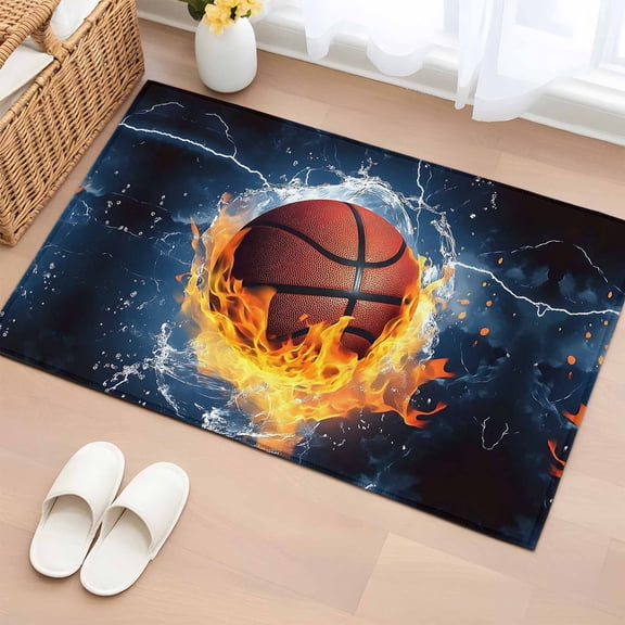 Area Rug 2 x 3 Ft, Basketball Indoor Accent Bathroom Rugs for Kitchen/Laundry Room, Blue Red Water Fire Splashing Washable Non-Slip Runner Floor Mat for Entryway, Living Room