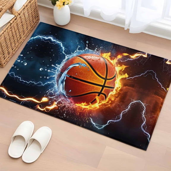 Area Rug 2 x 3 Ft, Basketball Indoor Accent Bathroom Rugs for Kitchen/Laundry Room, Splashing Blue Red Water Fire Washable Non-Slip Runner Floor Mat for Entryway, Living Room