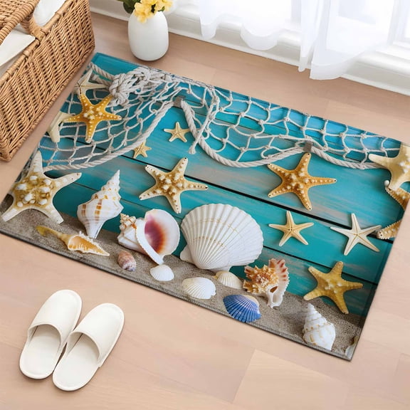 Area Rug 2 x 3 Ft, Beach Starfish Indoor Accent Bathroom Rugs for Kitchen/Laundry Room, Ocean Conch Fishing Net Blue Wood Grain Washable Non-Slip Runner Floor Mat for Entryway, Living Room