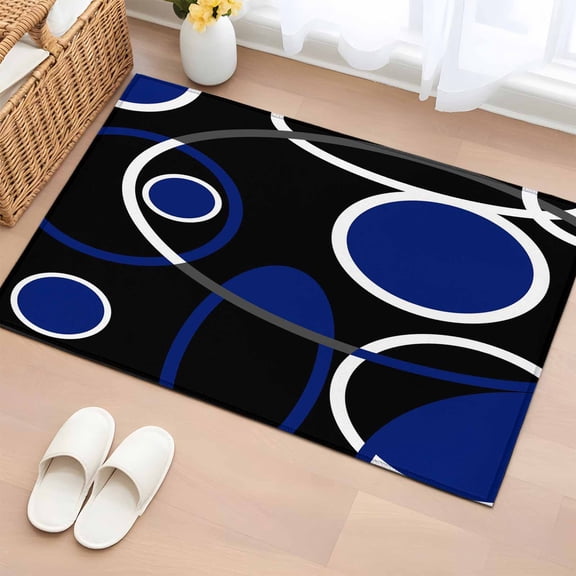 Area Rug 2 x 3 Ft, Black Blue Indoor Accent Bathroom Rugs for Kitchen/Laundry Room, White Circle Geometric Abstract Texture Washable Non-Slip Runner Floor Mat for Entryway, Living Room